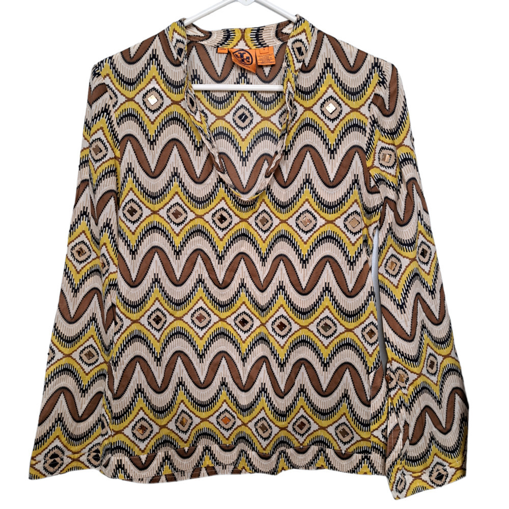 Tory Burch Women's Yellow Geometric Printed Cowl Neck Boho Tunic Blouse Size 4